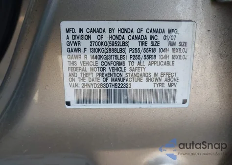 2007 Acura Mdx Technology Package from USA, damaged, VIN 2HNYD28307H522323